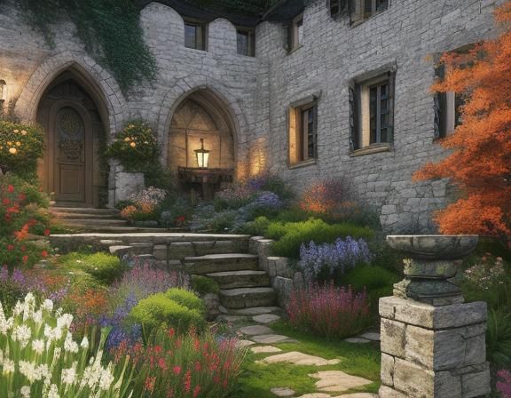Fantastical Garden Walkway at Dusk: Matte Painting