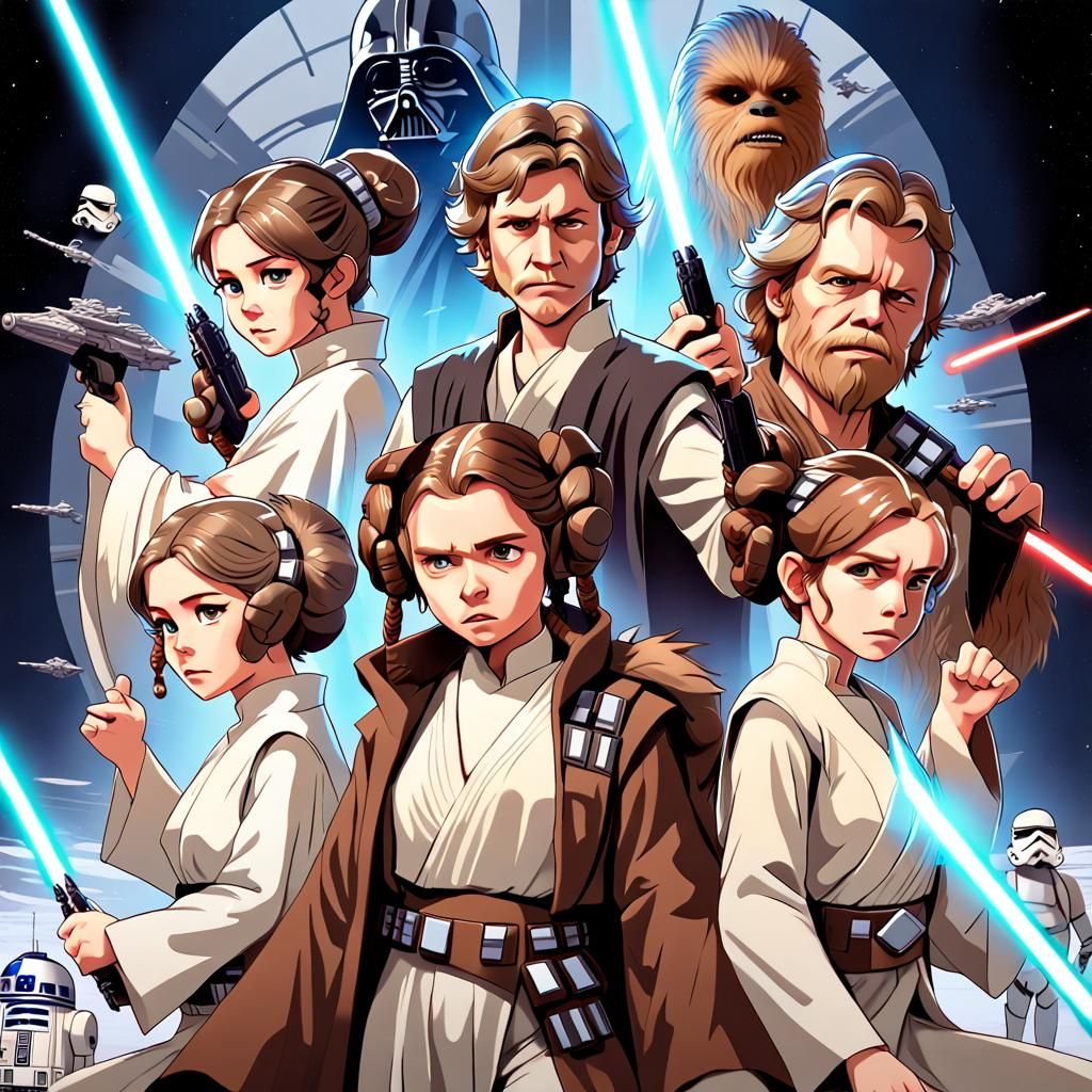 Star wars Poster Anime art version featuring original cast caricatures of Luke, Han, Chewbacca, Obi-Wan and Princess Lei...
