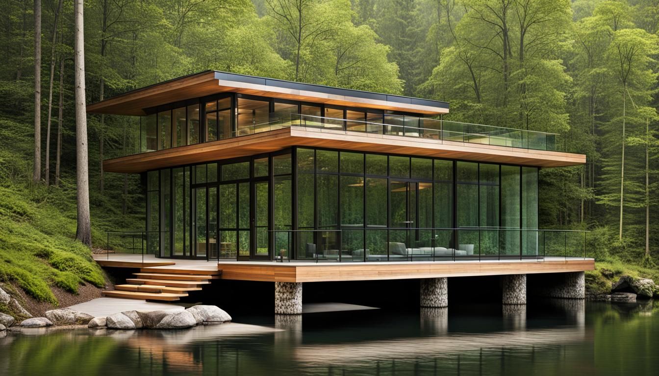 Glass House in Forest Clearing by Lake