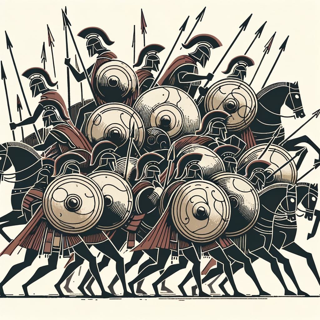 Stylized Ancient Battle Scene in Fine Line Art Style