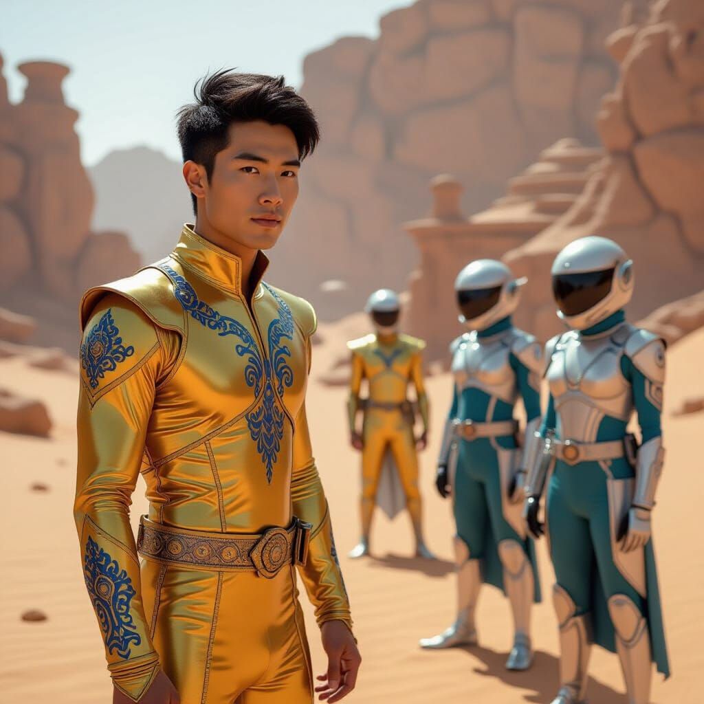 Asian Captain Leads Crew on Desert Planet