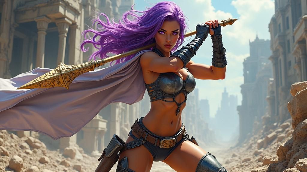 Female Warrior with Spear in Dystopian Comic Art