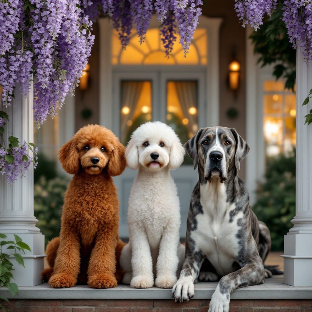 Majestic Dogs on a Grand Front Porch in Hyper-Detailed Style