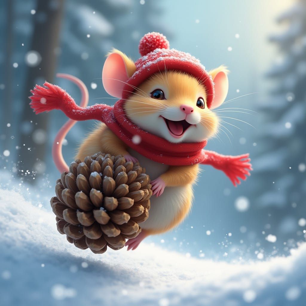 Adorable Winter Mouse Soars Down Snowy Hill in Vibrant Digit...