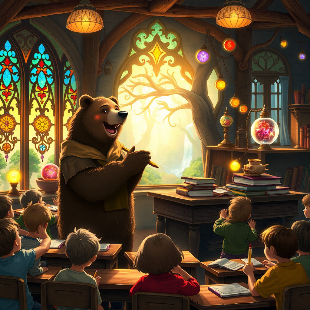 Bear Teacher in Dreamlike Forest Classroom
