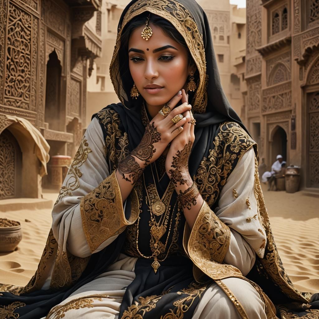 Arab Woman with Henna, Gold Embroidery, and Prayer Rug