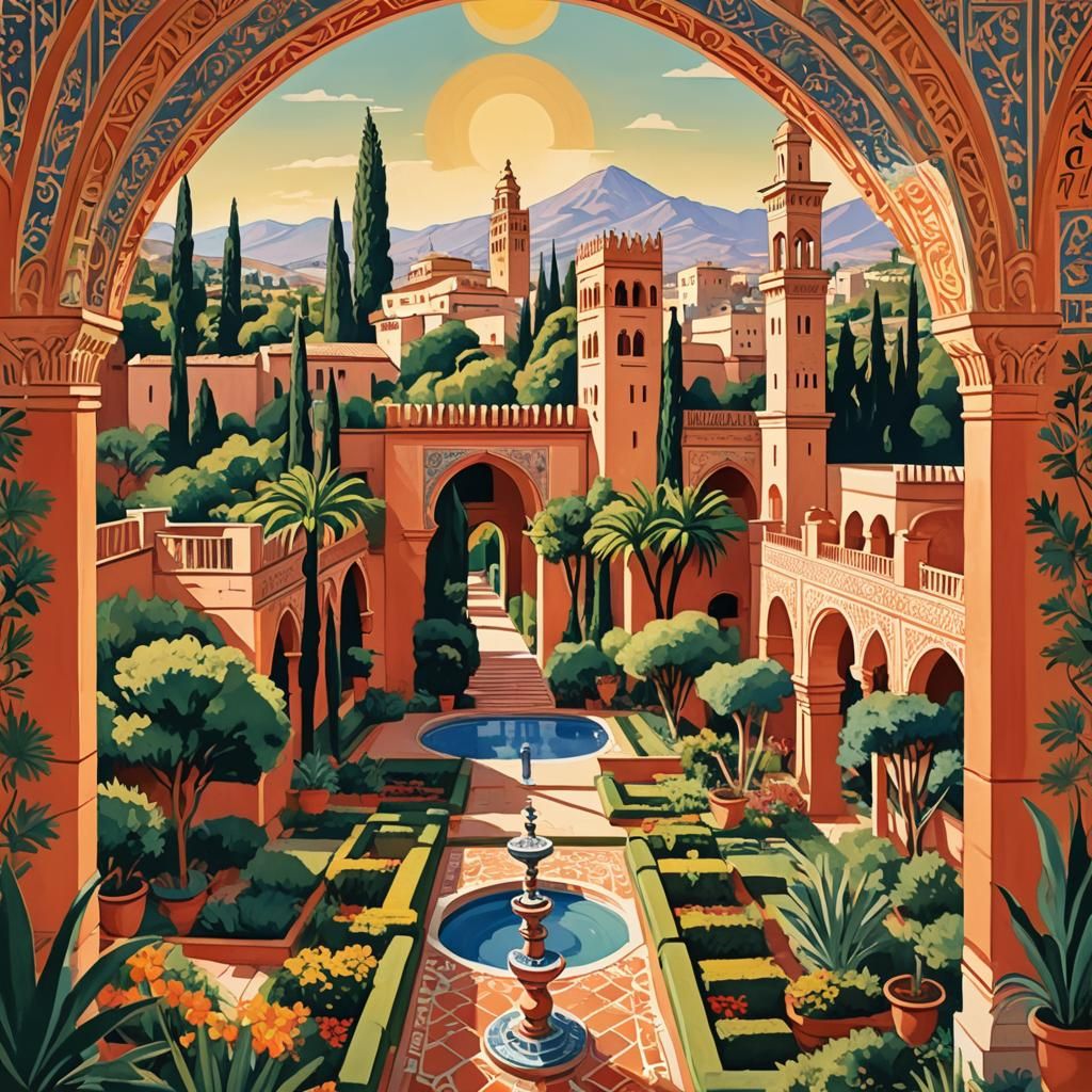 Alhambra Travel Poster in Art Deco Gouache Style