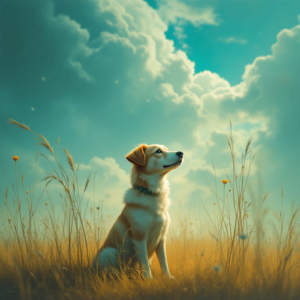 Enchanted Stillness: Dog in Sunlit Tall Grass