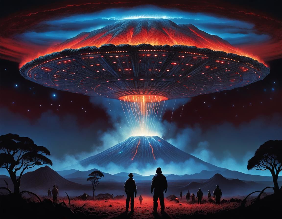 UFO Landing Near Volcano in Comic Book Style