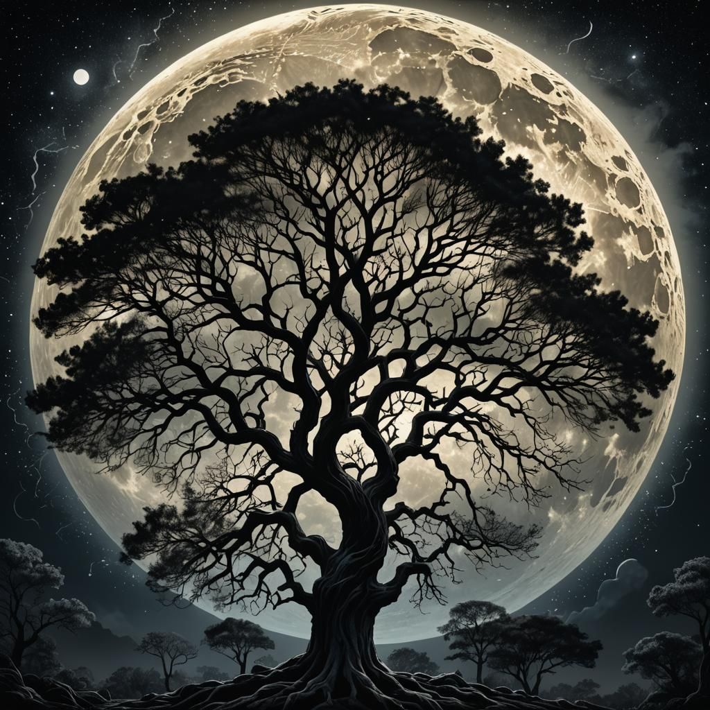 Dramatic Tree Silhouette Backlit by Full Moon