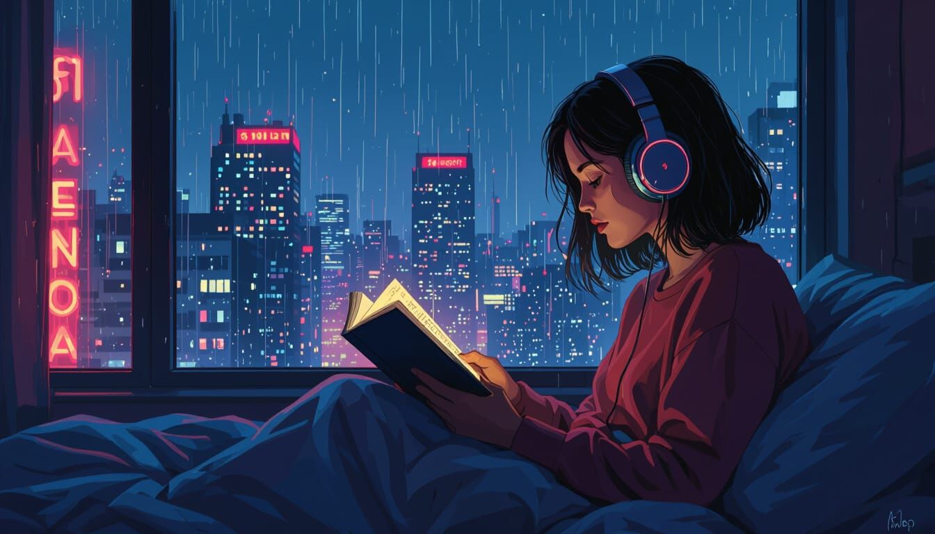 Lofi Bedroom Scene with Girl Reading at Night