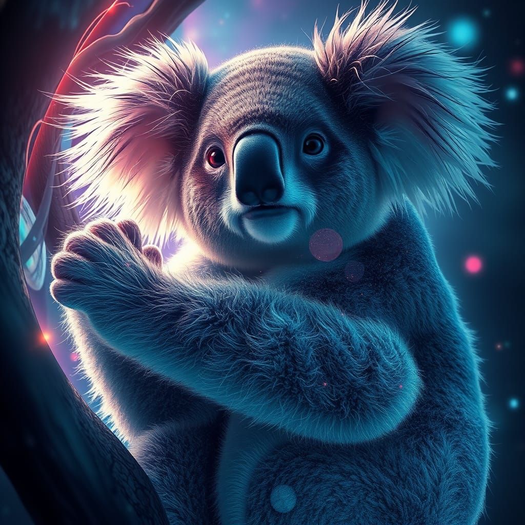 Luminous Koala Bear with Fractal Galaxy Background