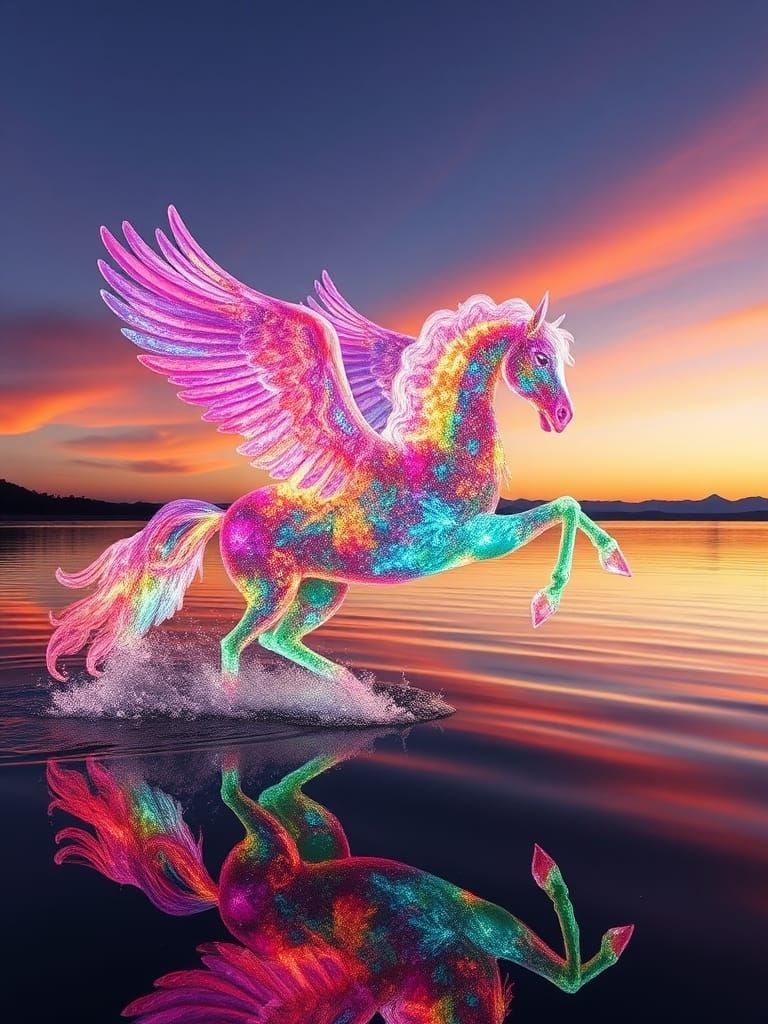 Psychedelic Pegasus Galloping on a Lake
