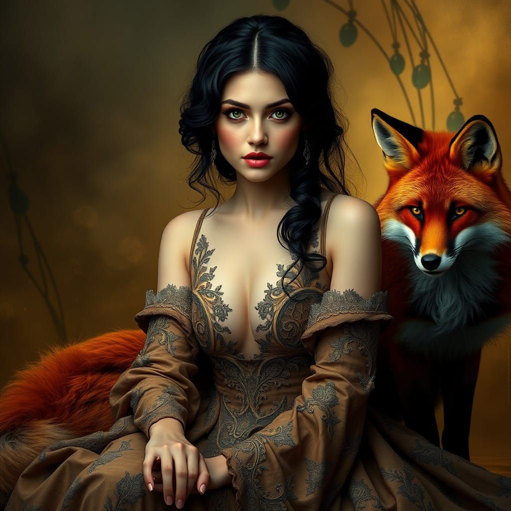 Elegant Woman and Fox in Art Nouveau Style