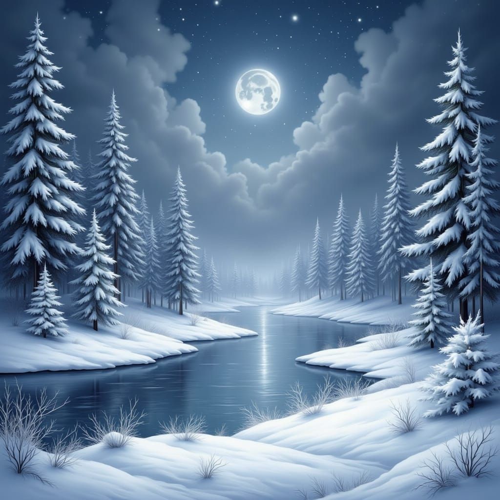 Moonlit Winter Landscape with Fir Trees and Frozen Lake