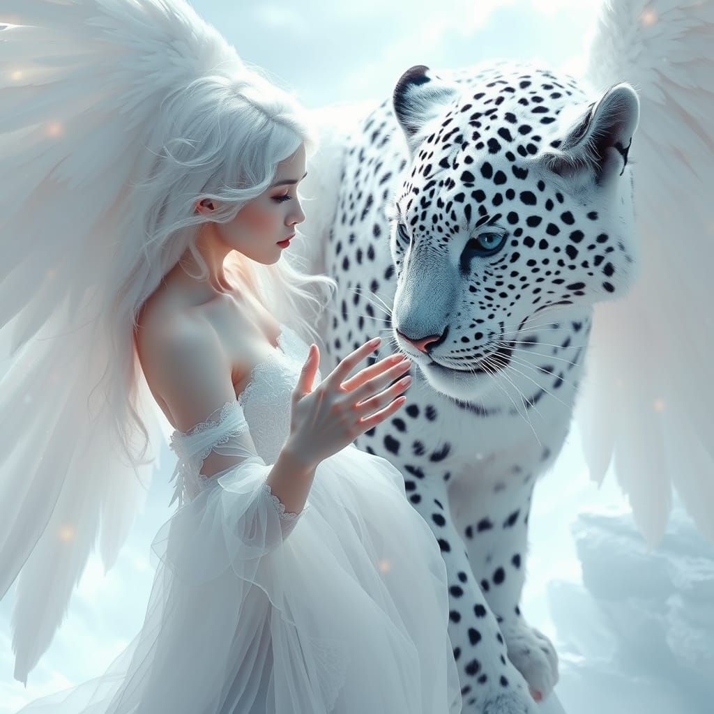 Surreal Snow Queen with Ghostly Winged Leopard in Ethereal L...
