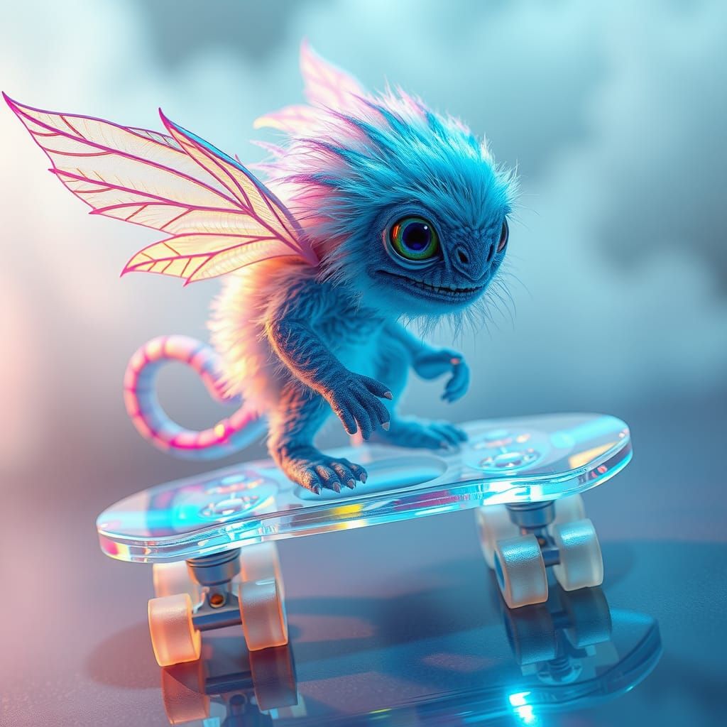Iridescent Punk Monster on Glass Skateboard, Hyper-realistic