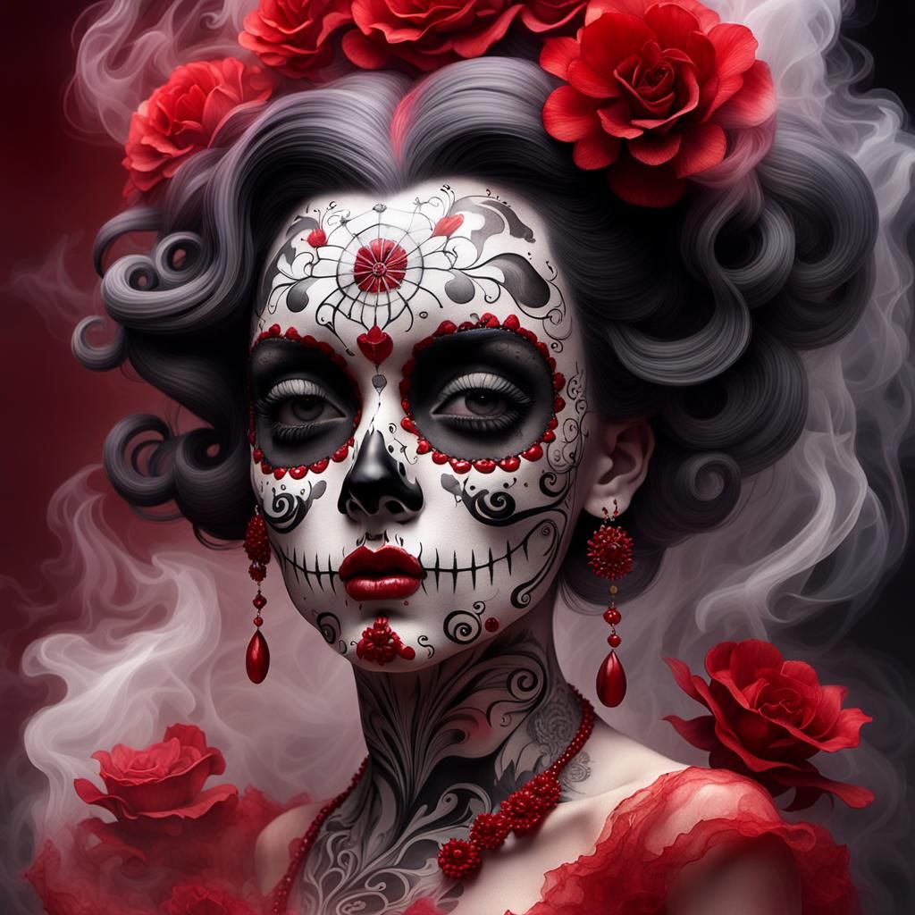 Betty Boop Smoke Skull Portrait with Flowing Fabrics