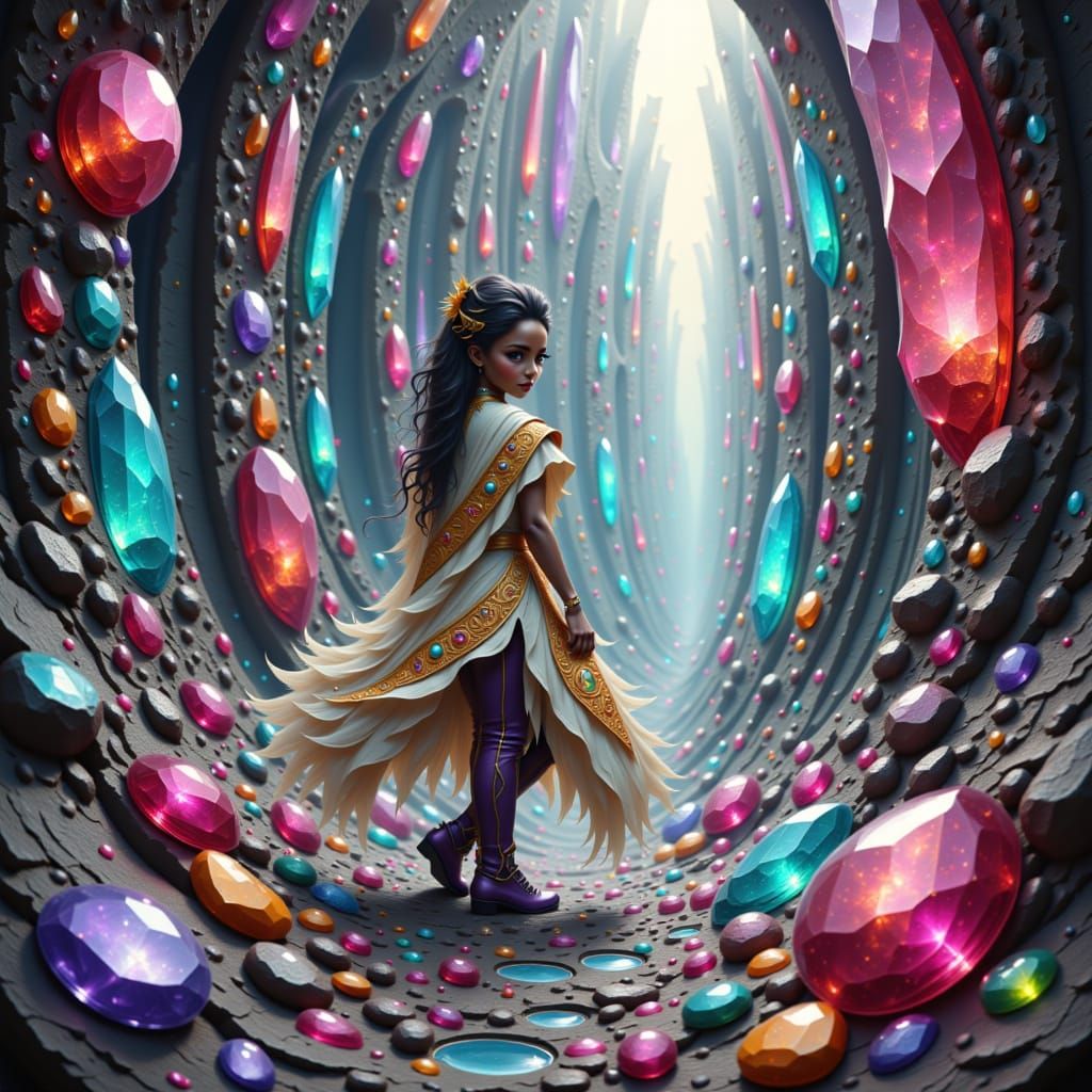 Bewildered Figure Navigating Gemstone Maze