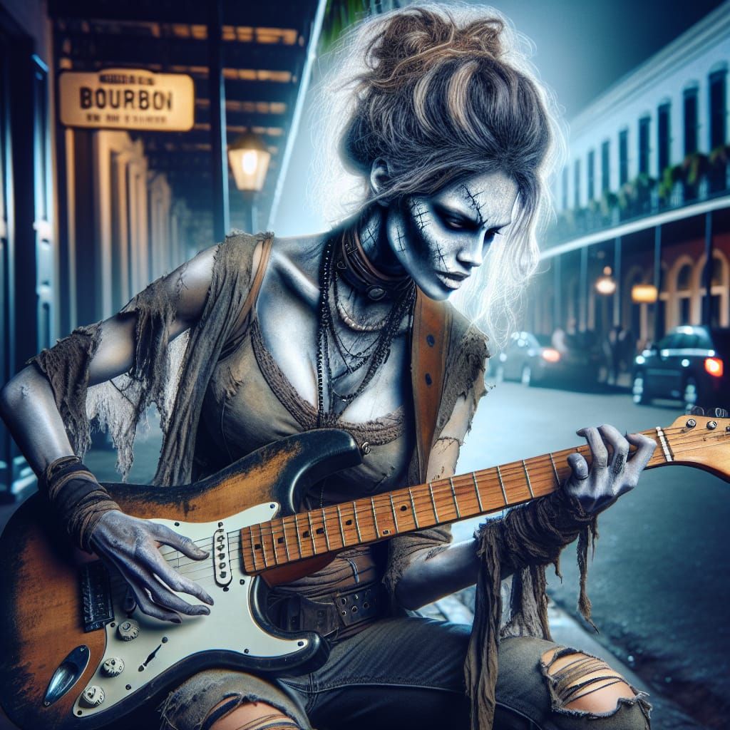 Banshee Guitarist on Bourbon Street, Hyperrealistic Portrait