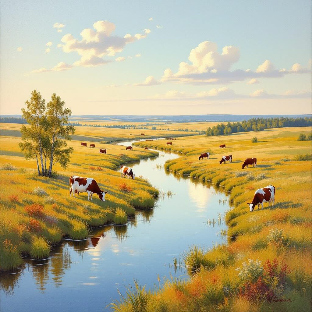 Serene Steppe River with Birch Groves and Grazing Cows