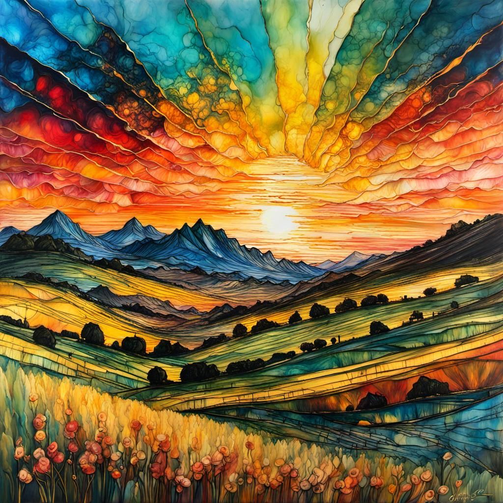 Encaustic Sunset Village Inspired by Van Gogh