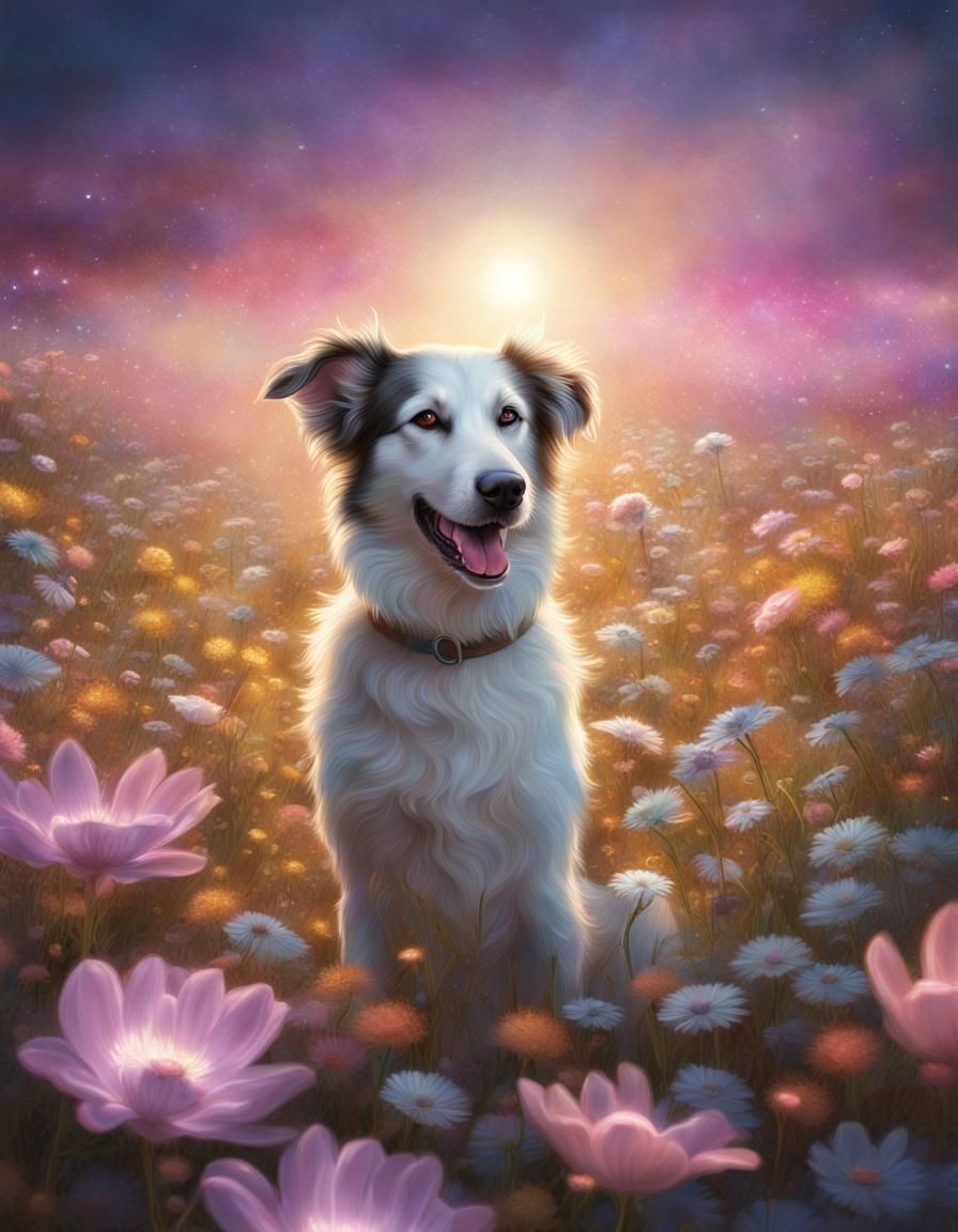 Dog in Flower Field with Prismatic Lighting