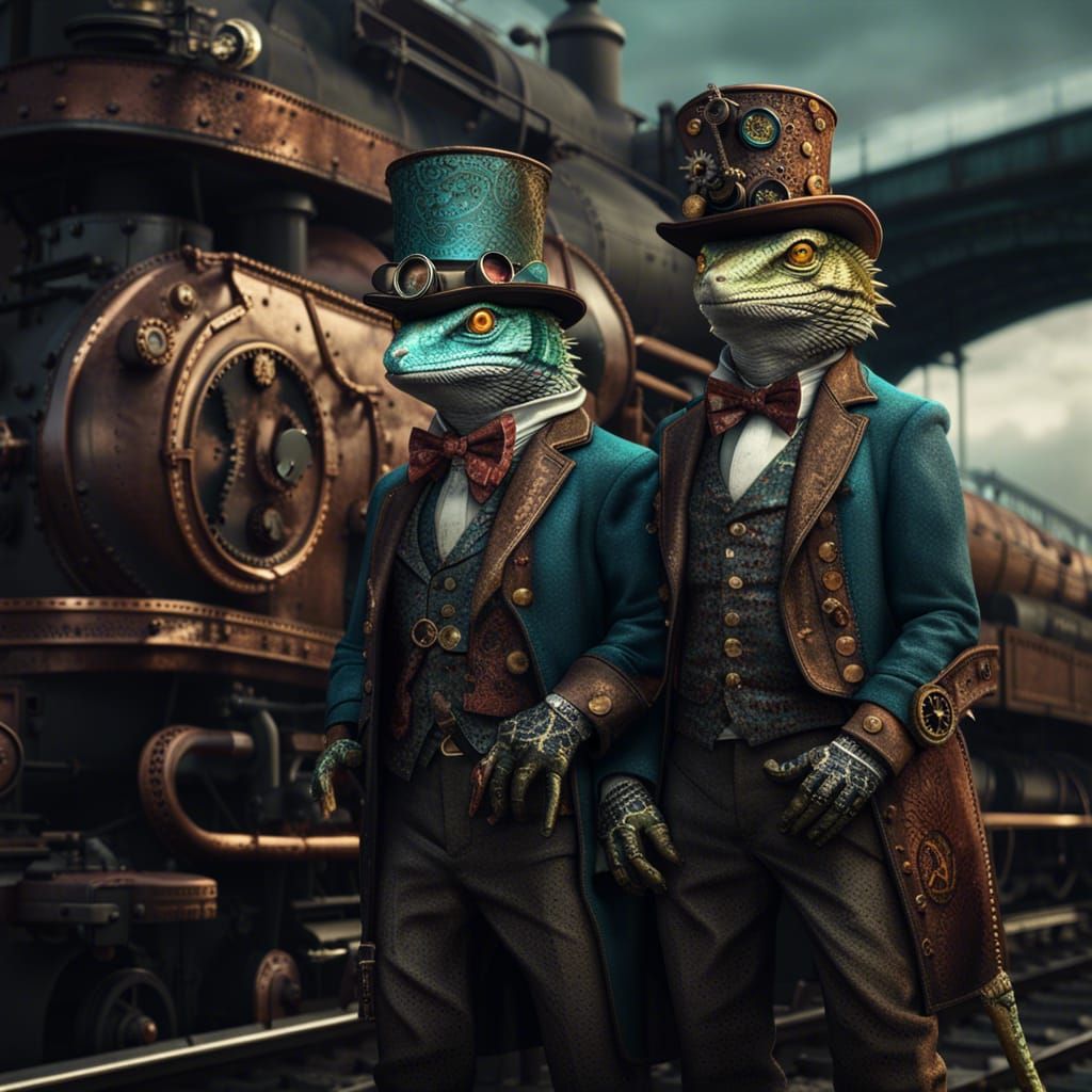 Steampunk Lizards Near Locomotive: Detailed Matte Painting