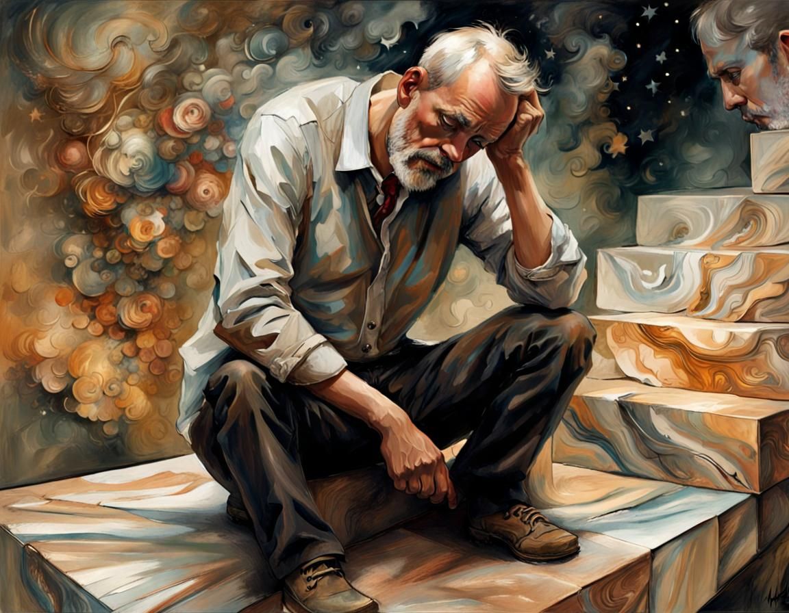 Pensive Man with Swirling Stars in Dark Fantasy Style