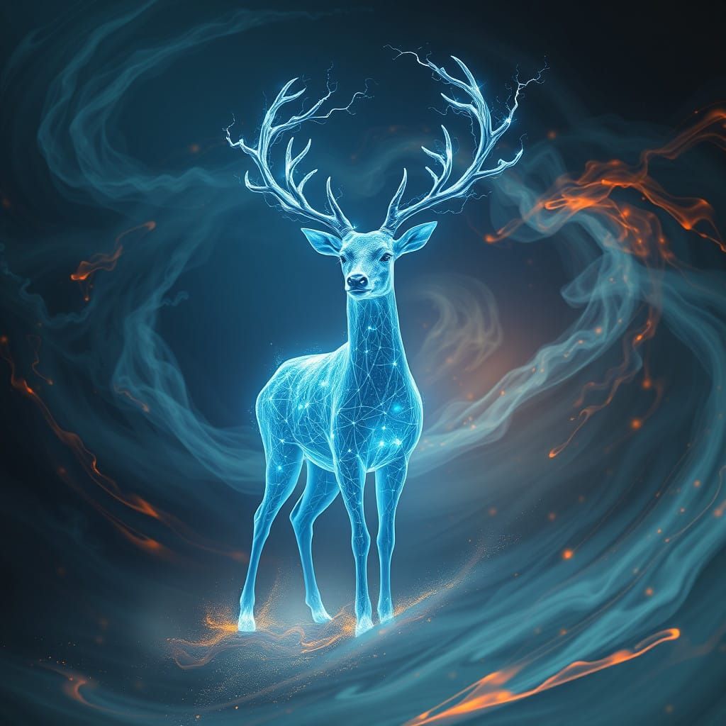 Ethereal Blue Deer in Maelstrom of Elements
