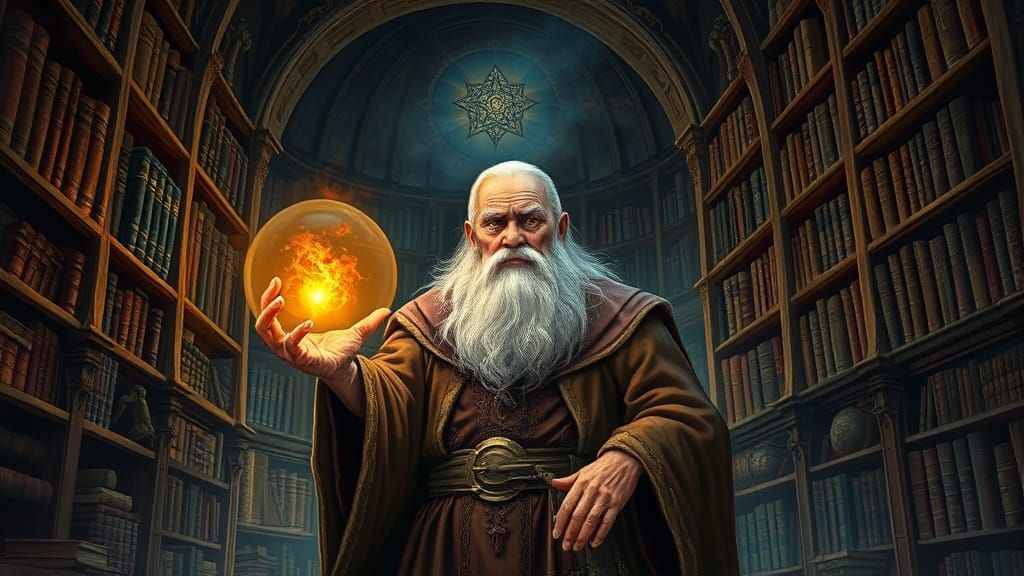 Wise Old Wizard in Ancient Library of Dark Fantasy