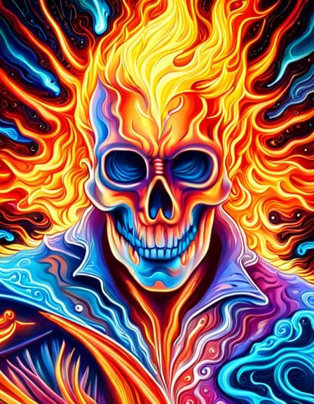 Psychedelic Ghost Rider in Fiery Astral Illustration