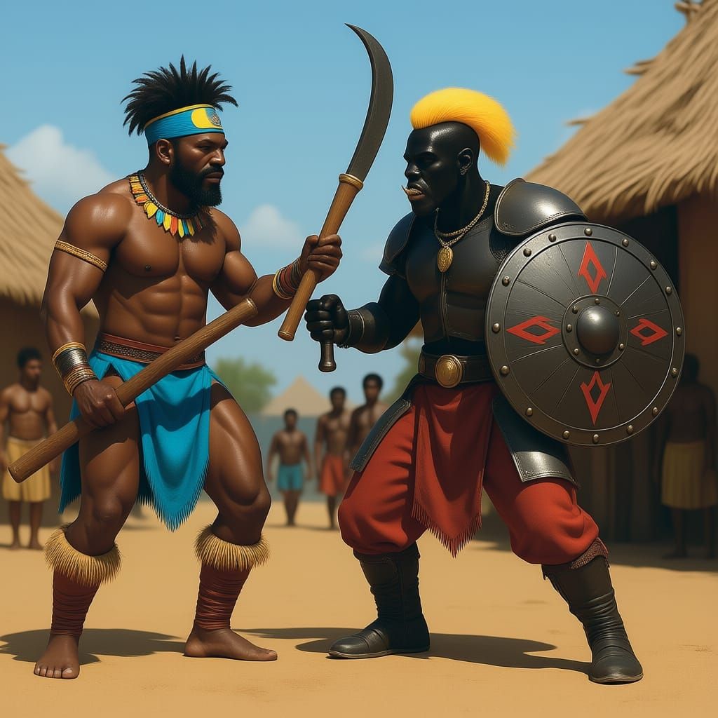 African Warrior Battles Orc on Jungle Battlefield