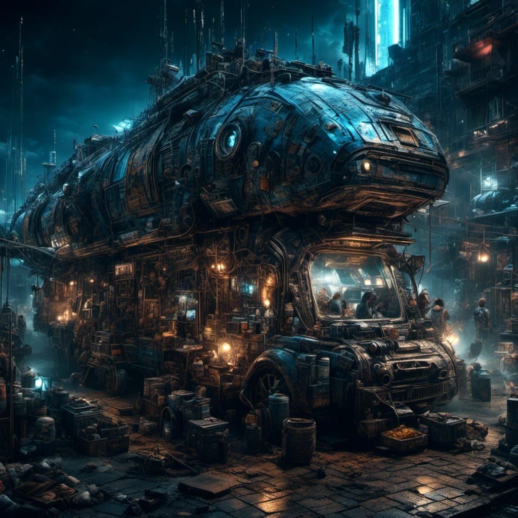 Hyperrealistic Spaceship Assembled from Spare Parts