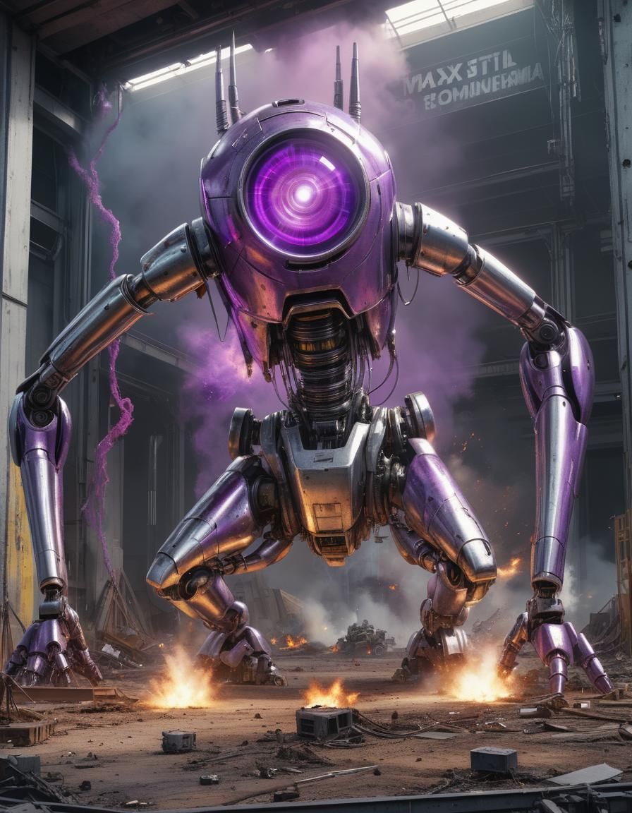 Giant Laser-Eyed Robot Thumping Ground in Hyperrealism