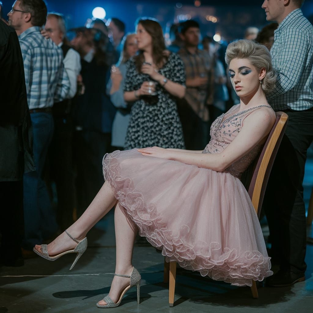 Masculine Guy Crossdresses in Frilly Prom Dress at Party