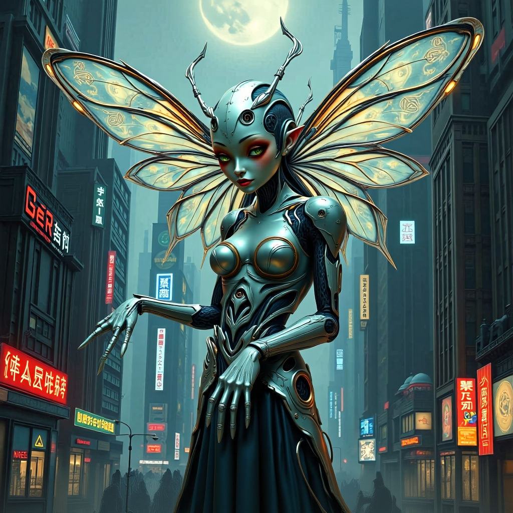 Cybernetic Fairy in Dystopian City, Cyberpunk Style