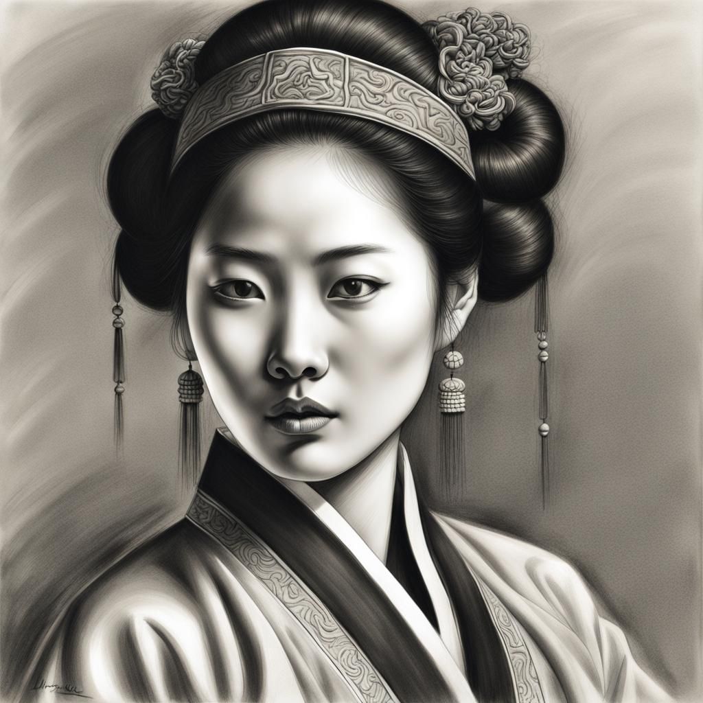 Elegant Chinese Woman: A Detailed Charcoal Drawing