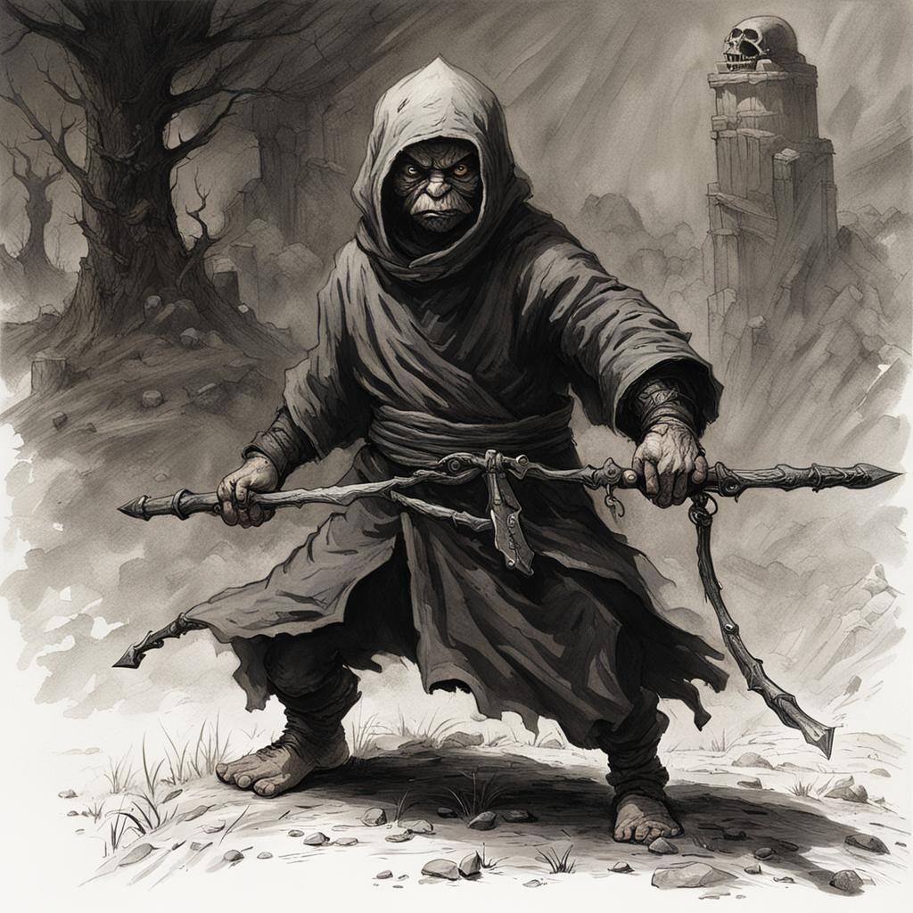 Horror Halfling Monk with Bowstaff, Gothic Engraving