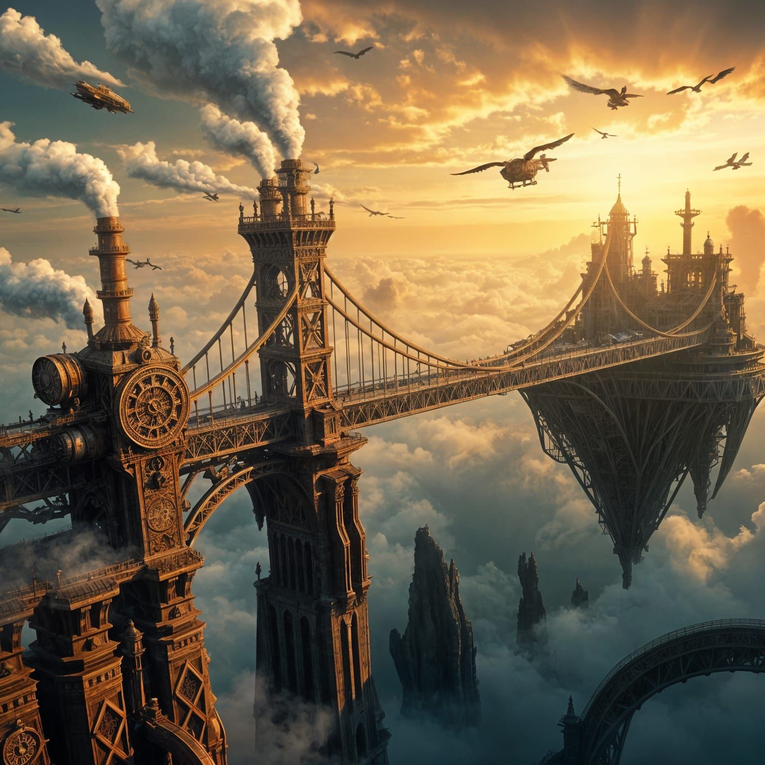 Colossal Steampunk Bridge Connecting Two Floating Islands in...