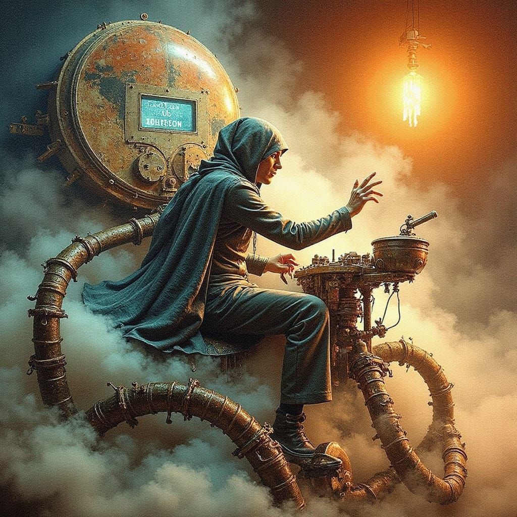 Steampunk Ritual in Victorian Chamber, Surreal Art