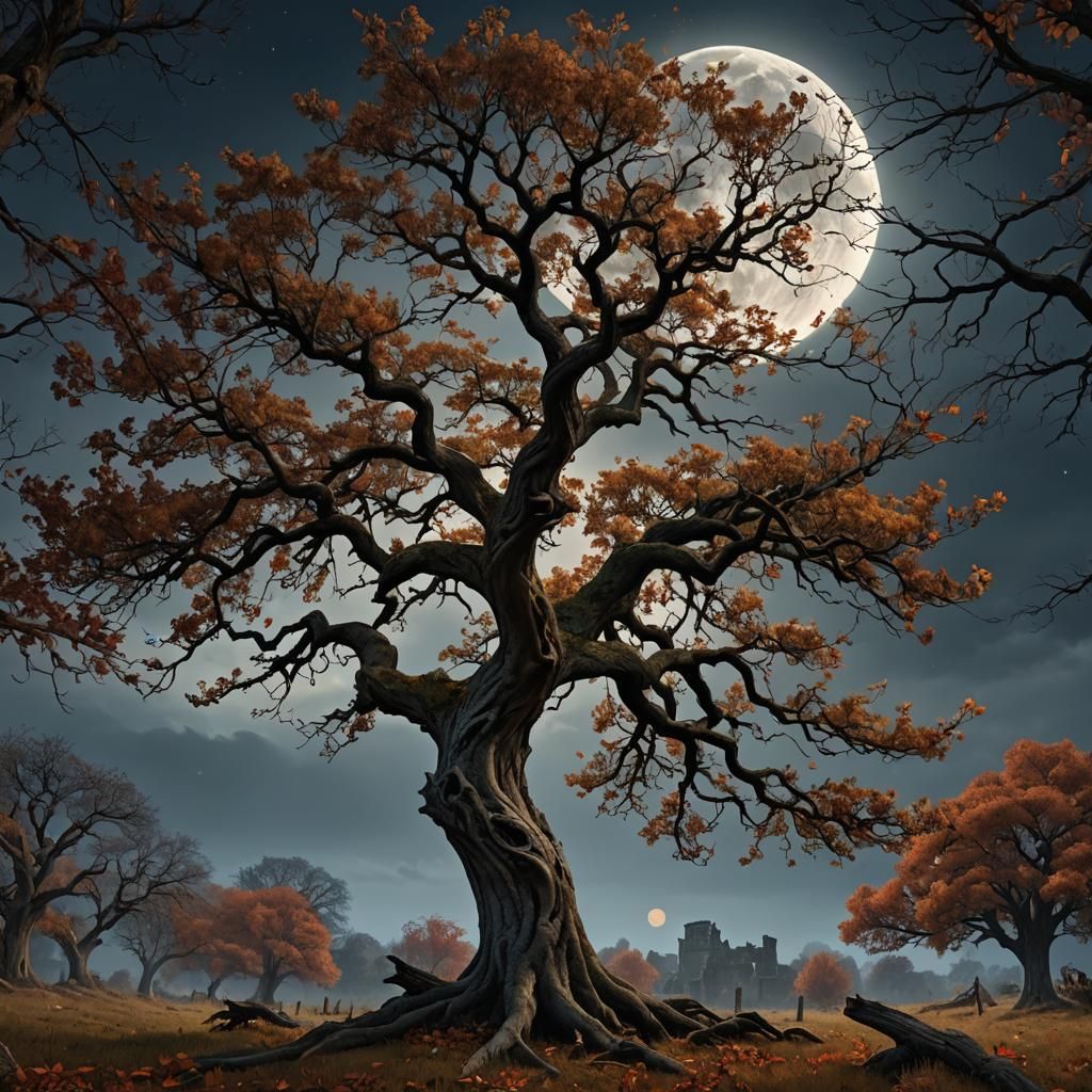 Epic Autumn Hawthorn Tree Under Moonlight