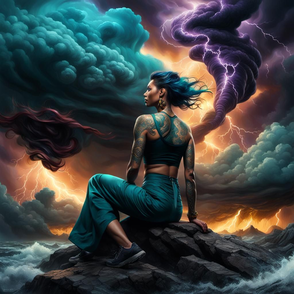 Woman with Tornado Tattoo in Stormy Fantasy Art
