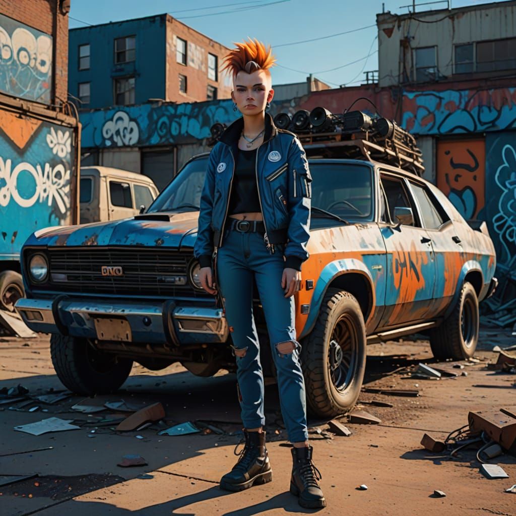 Neo-Atomicpunk Woman and Vehicle in Hyperrealism