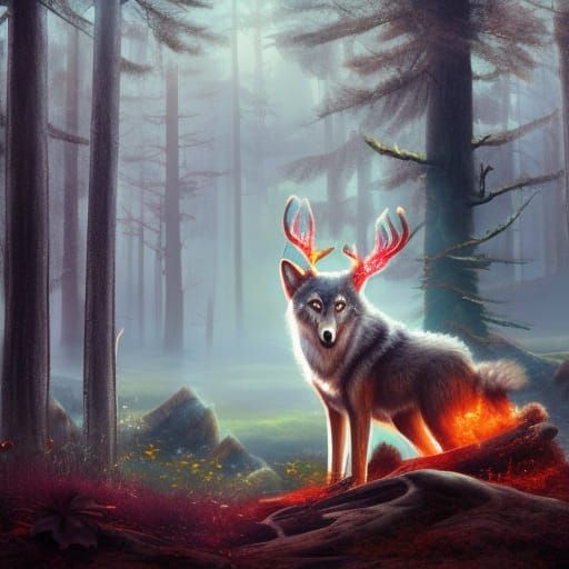 Fiery Wolf with Antlers in Forest Clearing