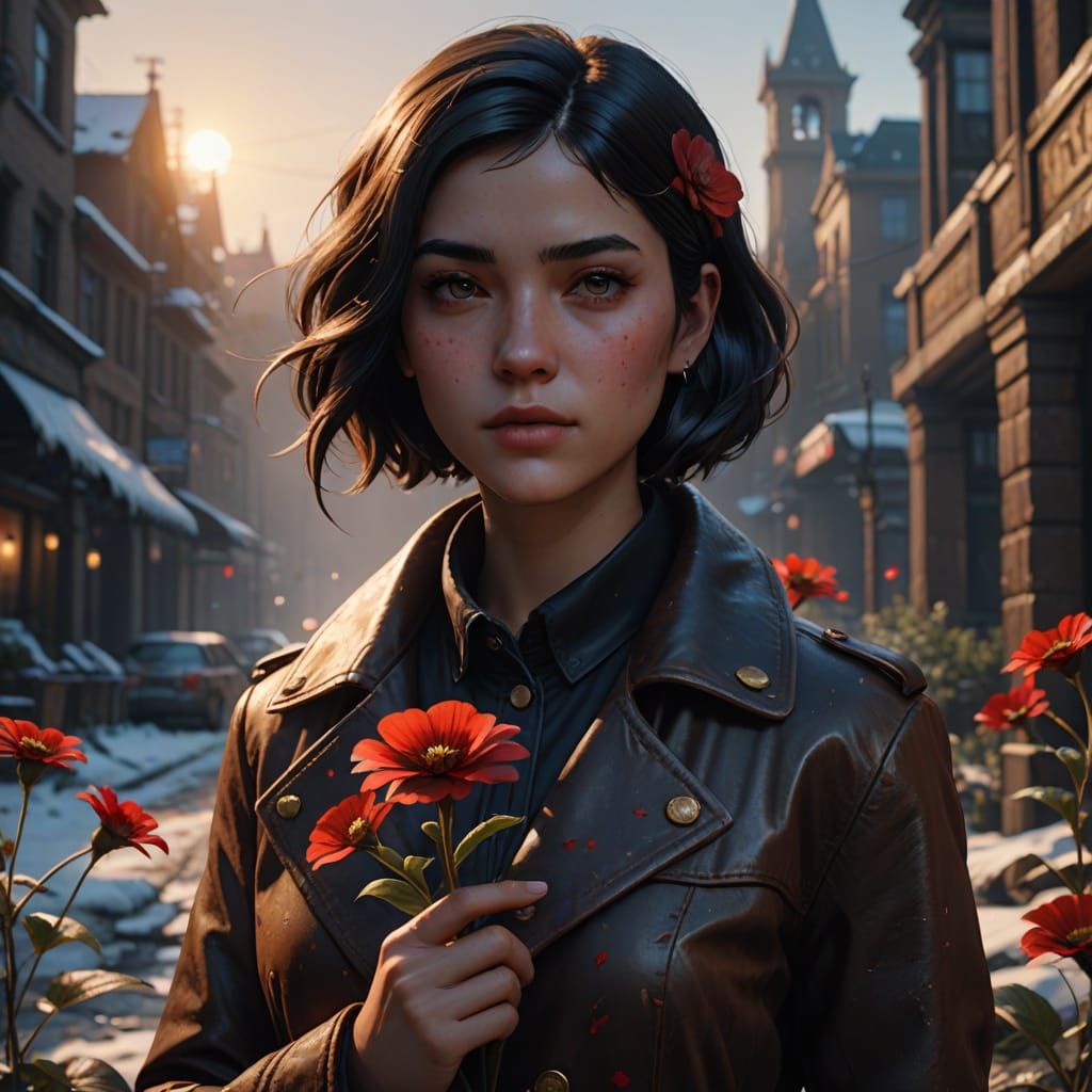 Teenage Girl with Red Flower: Fantasy Concept Art