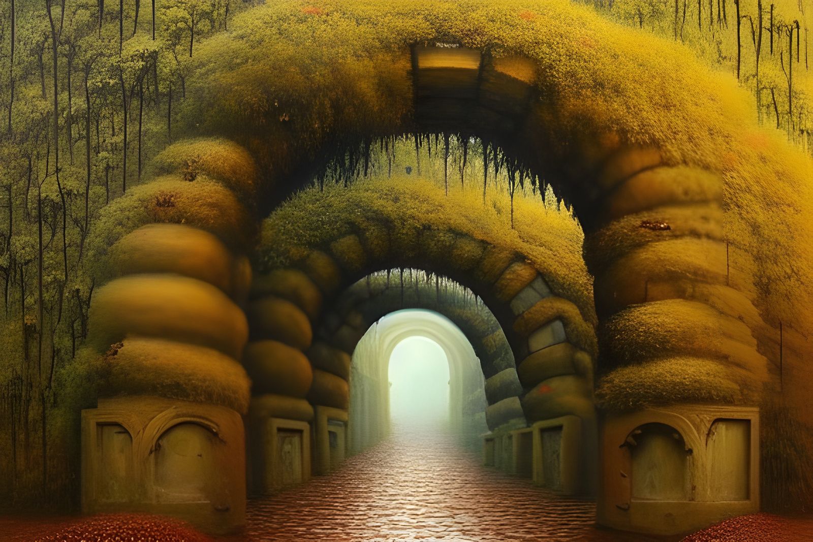 Stone Archway with Autumn Leaves in Magical Realism