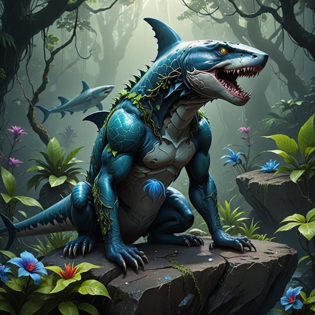 Surreal Mythical Creature of Shark and Monkey in Primal Jung...