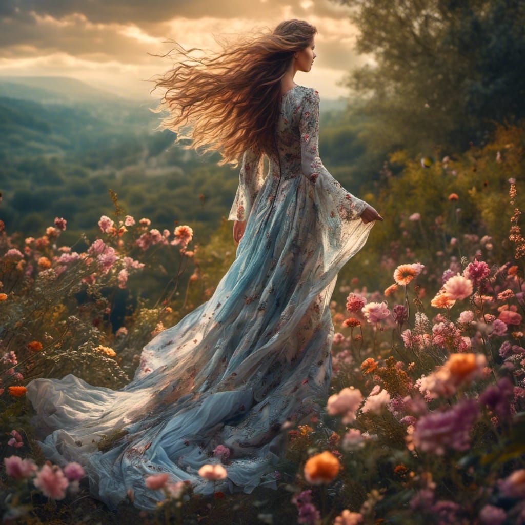 Woman in Gown Gazing at a Glorious Morning