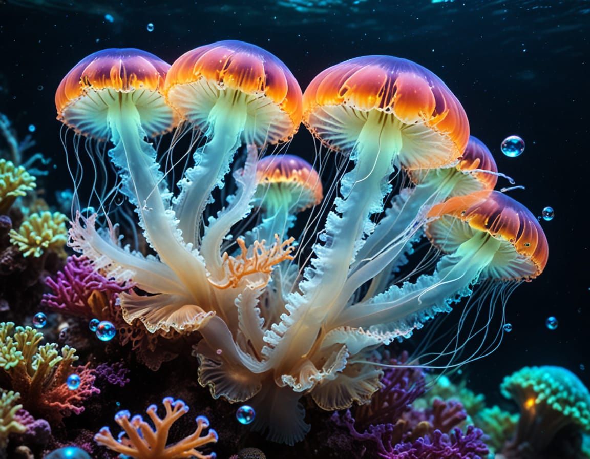 Glowing Coral-Jellyfish in Underwater Paradise